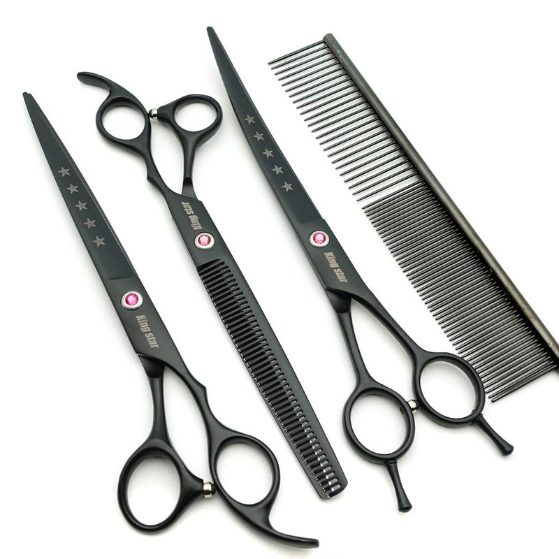 Kingstar 8.0in. Matt Black Professional Pet Grooming Scissors Set,Straight & Thinning & Curved Scissors Set with Comb,Dog Grooming,A559 - Image 3